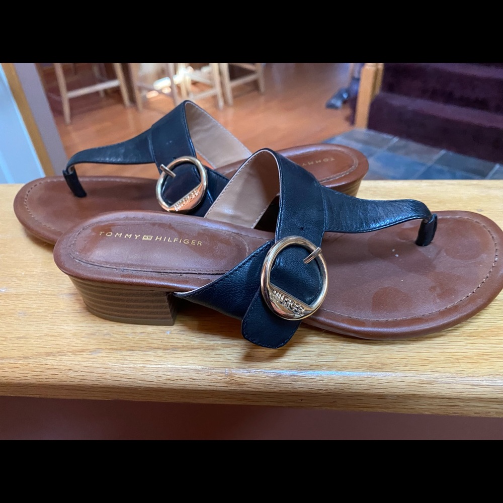 Black, leather, 1” heel, hardly used sandals.
